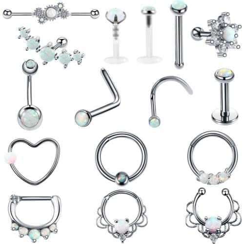 1PC Steel Opal Nose Studs Septum Clicker Rings Piercing Daith Helix Clicker Opal Ear Tragus Lip Nose Belly Piercing Sexy Jewelry