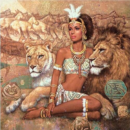 African Grassland Women and Lion Diamond Painting Portrait Animal Round Full Drill DIY Mosaic Embroidery 5D Cross Stitch Gifts