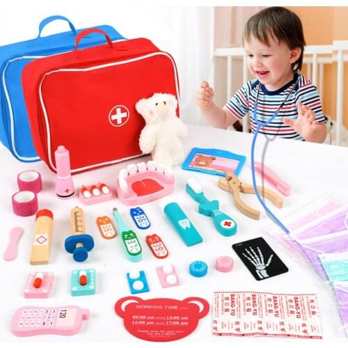 Wooden Pretend Play Doctor Educational Toys for Children Medical Simulation Medicine Chest Set for Kids gift