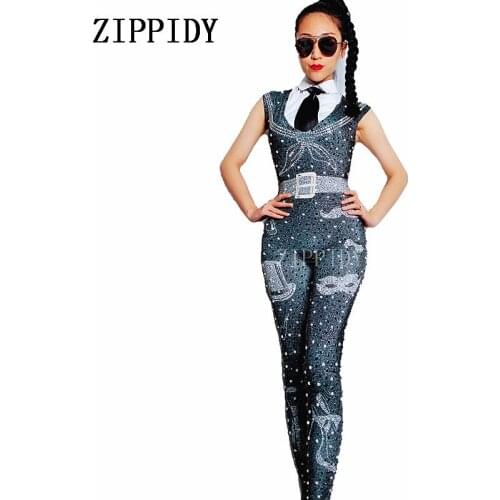 Fashion Black Rhinestones Pearls Spandex Jumpsuit Womens Dance Bodysuit Leggings Nightclub Female Singer Show Costume Outfit