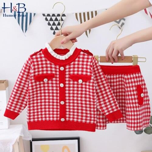 Humor Bear Girls Clothes Set New Autumn Winter Long Sleeve Plaid Printed Sweater+ Skirt 2Pcs Korea Style Toddler Kids Clothes