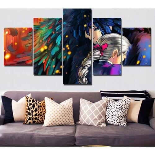 Wall Art Canvas Painting 5 Panel Howls Moving Castle Modular Pictures Canvas Painting Movie Poster and Prints Home Decoration