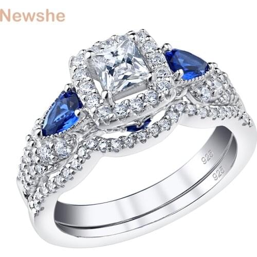 Newshe 2Pcs 100% Solid 925 Sterling Silver Wedding Engagement Rings For Women Princess Cut Blue Pear Zircons Bridal Set