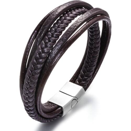 2021 New Fashion Jewelry Multilayer real leather titanium steel mens bracelet Crystal from Swarovskis 2 Colors Fit For Party