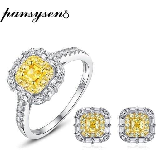 PANSYSEN 100% 925 Sterling Silver Citrine Simulate Moissanite Gemstone Earrings Ring Fine Jewelry Sets Wholesale Drop Shipping