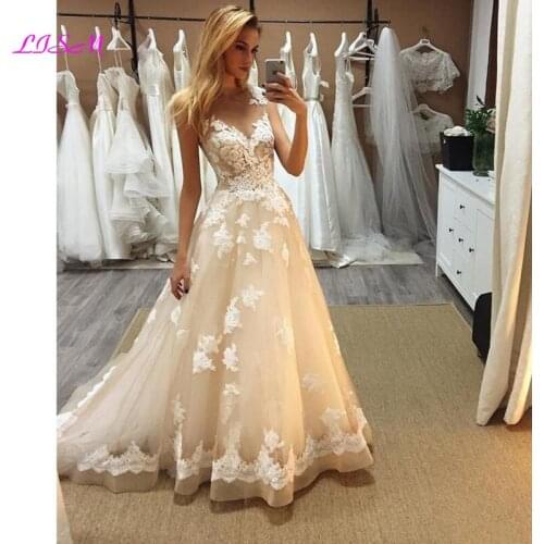 A-Line Wedding Dresses Gorgeous Long Bridal Gowns Vestido de festa longo Top Quality Lace Appliques Tulle Wedding Dress