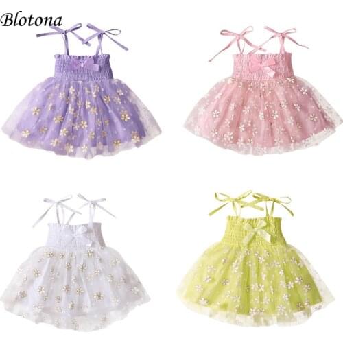 Blotona Baby Girls Casual Princess Dress, Sweet Floral Printed Pattern Boat Neck Tie Up Slip Dress, 0-12Months
