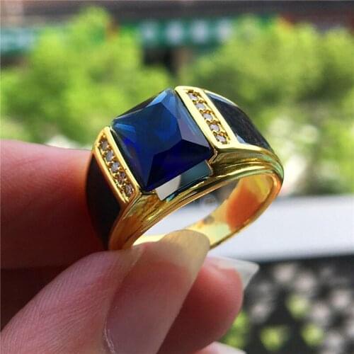Luxury Crystal Male Female Blue Zircon Stone Ring Vintage Wedding Engagement Rings For Women Unique Style Yellow Gold Party Ring