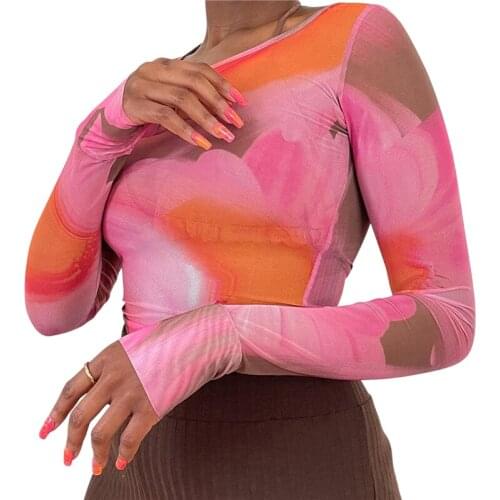 Xingqing Y2K Aesthetic Shirt E-girl Harajuku Tie-dye Print T-shirt 90s Women Long Sleeve Top Slim Fit Mesh Tops Streetwear