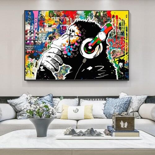 Monkey Listening to Music Graffiti Art Paintings on the Wall Art Posters and Prints Animals Street Art Pictures Home Decoration