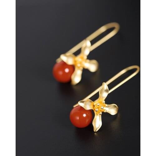DAIMI Liangshan Persimmon Red Southern Red Agate Earrings Female Natural 925 Sterling Silver Antique Earrings