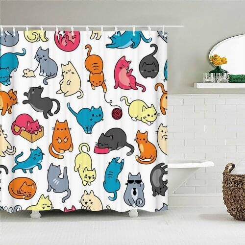 3D Cartoon Lovely Cat Animal Printed Shower Curtains Easily Hanging Waterproof Polyester Decor Screen Cover With Hooks 180x180cm