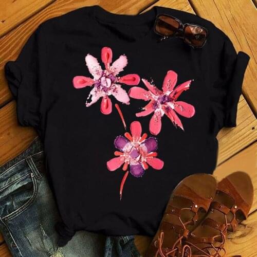 Women T Shirt Make Up Beauty Print Trend Female Short Sleeve Black Tops Clothes Cute Ladies Tees Shirt Flower Graphic T-Shirts