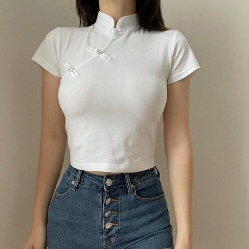 WOMENGAGA 2021 Summer Women New Retro Button Cheongsam Collar Tops Short-sleeved Chinese Style White T-shirt YIFX