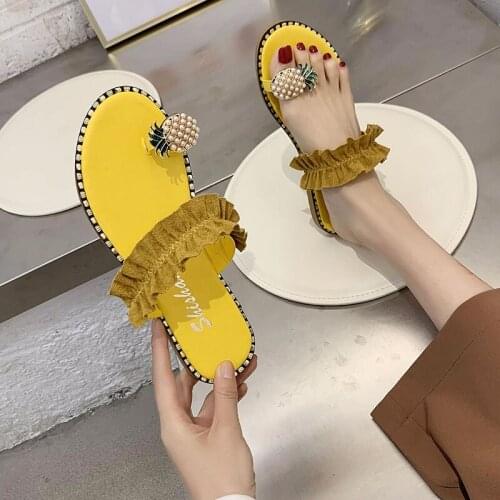 Women Slipper Pineapple Pearl Flat Toe Bohemian Casual Beach Sandals Ladies Shoes Platform 2020 Designer Black Slides Wholesale