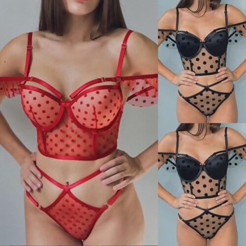 Women New 2Pcs Sexy Lingerie Set Bra Cropped Bustier Polka Dot Underwear Bralet Bra Top Tank Underwear Sleepwear Set