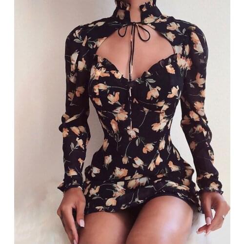Women Square Neck Sleeves Mini dress Floral Print A-line Dress 2021 Ruffle High Waist Dresses