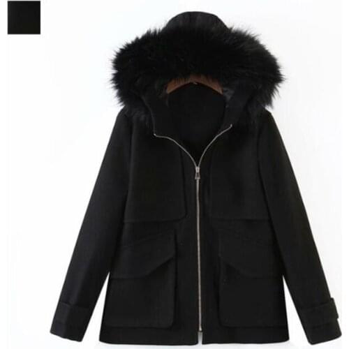 Women Fashion Black Hood With Fur Collar Woolen Jacket Coat Long Sleeve Female Outerwear Winter New Fashion All-match Overcoat