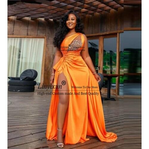 Aso Ebi African Orange Prom Dresses Sexy One Shoulder Sequins Beaded Ruffles Formal Evening Gowns High Split Party Gowns