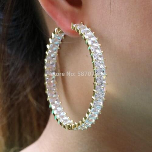55mm Big Hoop-Earrings Gold Plated Baguette Rhinestone Zirconia Charm Hoop Earring For Women gift