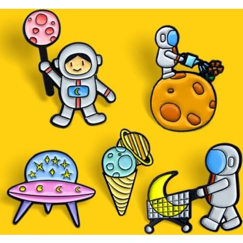 Cartoon Astronaut UFO Brooches Pilot Universe Moon Planet Enamel Pin Badge Cosmos Series Brooch Jewelry For Women Broche