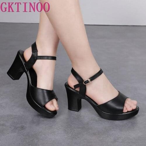GKTINOO 2021 Summer New Women Sandals Fashion Genuine Leather Casual Sandals Female 8cm High Heel Summer Womens Shoes