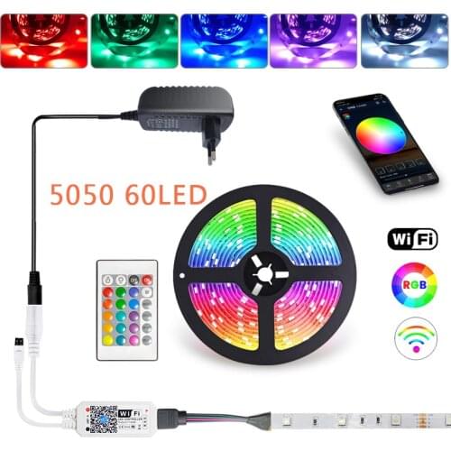 Smart WiFi LED Strip Light RGB 5050 60LED Luces Led Light Strip 5M 10M 15M Flexible Ribbon + WiFi Controller + Power Adapter EU