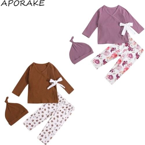2021 0-18M Infant Girl Clothes Set Sweet Tracksuit Bow Bandage Solid V Neck Long Sleeve Top+Floral Print Pants+Hat Fall 3pcs