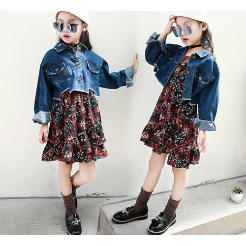 2019 Spring Toddler Girl Clothes Short Denim Jacket Coat + Long Flower Beach Dress 2pcs Outfits Clothing Set for Girls 12 Years