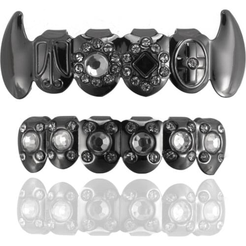 COPPER gold color HIP HOP Big Crystal pave Top and Bottom Grill Set With silicone Vampire teeth Best Gift For Christmas