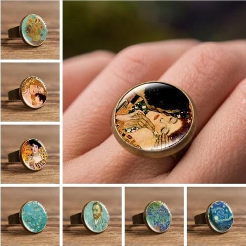 Fashion The Kiss Klimt Starry Night Dome Glass Art Picture Ring Photo Handcrafted Jewelry Adjustable Size Rings Gifts for Girls
