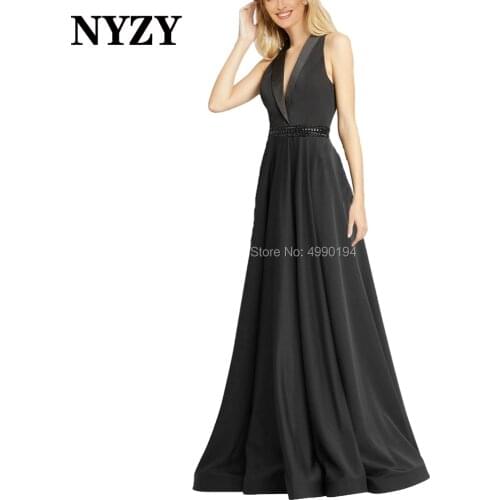 Fashion V Neck Satin Black Prom Dresses Long 2020 NYZY P104 Beaded Dresses Woman Party Night