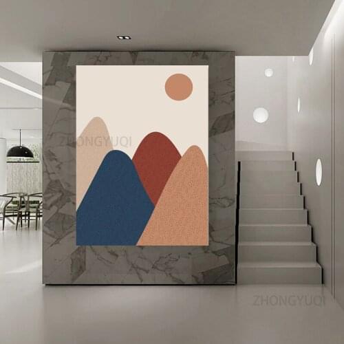 Cuadro sobre lienzo para pared, paisaje nórdico abstracto geométrico de montaña, arte del sol bohemio, póster impreso, imágenes