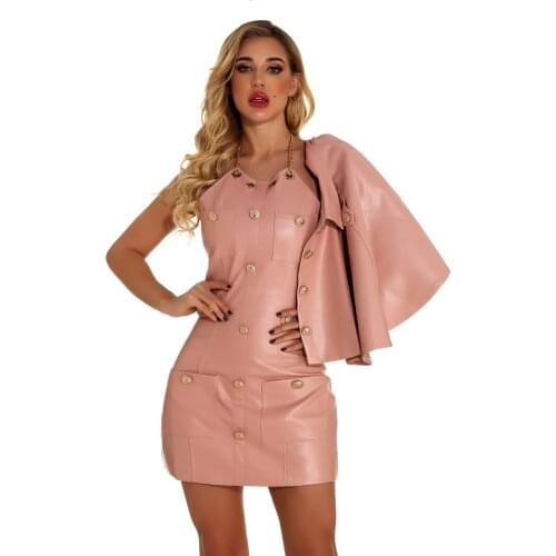 2021 New Fashion Hot Selling Pink Leather Women Mini Party Dress Wholesale Vintage Nightclub Vestidos Punk