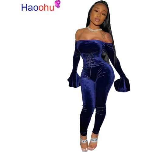 New Winter Women Sets Slash Neck Full Flare Sleeve Bandage Tops Pants Suit Two Piece Set Sexy Tracksuits Velvet Outfits