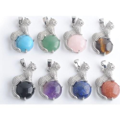 Wholesale 8Pcs/Lot Natural Stone Animal Leopard Pendants Round Bead Amulet For Women Man Jewelry Opal Amethysts Alabaster TBN373