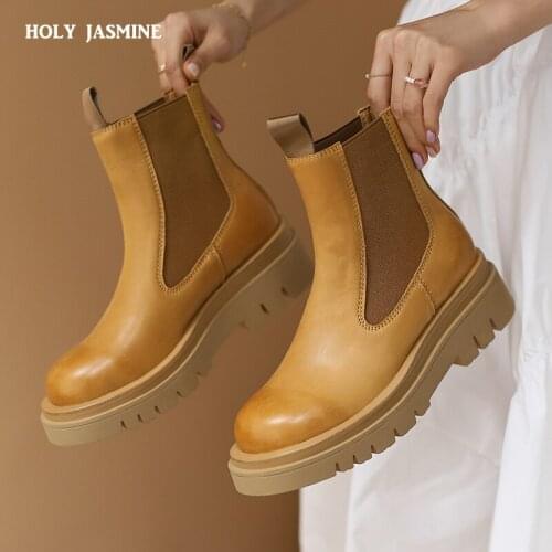 Genuine Leather Autumn Boots For Women Platform Chelsea Boot Spring Cowhide Booties Fashion Female Thick Bottom Black Bootie