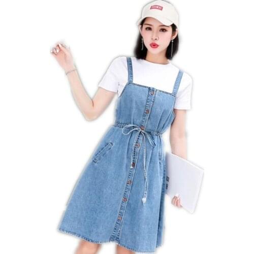 Slim Denim Dresses Women 2019 Summer Single-Breasted Sexy Spaghetti Strap Women With Belt Tunic Sleeveless Women Mini Dress Q334