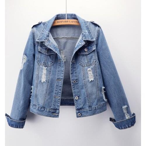 Slimming ripped denim jacket spring and autumn new style Korean female plus size student jacket trend plus size S-6XL
