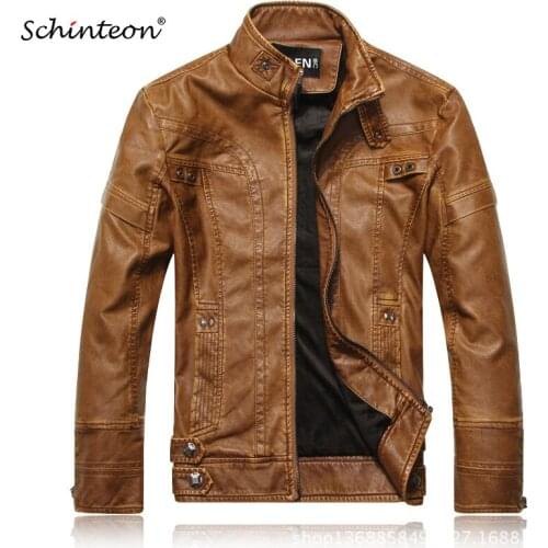 Schinteon Men PU Leather Winter Jacket Motorcycle Biker Outwear Warm Coat Slim Velvet Lining Coffee Black 3XL Top Quality