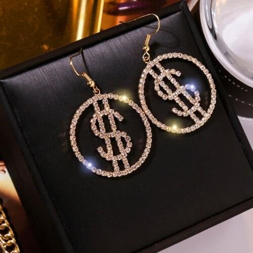 Unique Design US Dollar Money $ Drop Crystal Earrings For Women Round Earrings for Women Trendy Jewelry Gifts
