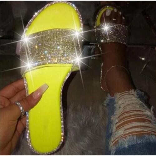 New Summer Women Crystal Slippers Glitter Flat Soft Bling Female Candy Color Flip Flops Indoor Ladies Slides Hot Beach Shoes