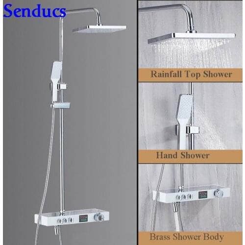 Senducs White Chrome Thermostatic Shower Set Square Brass Bathroom Faucet 8 Inch Rain Shower Head Fashion Digital Shower System