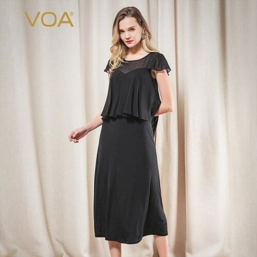 VOA 33m/m Silk Knitted Feifei Sleeve Mix Material Stitching Ruffles Classic Black Temperament Fake Two-Piece Summer Dress A10869
