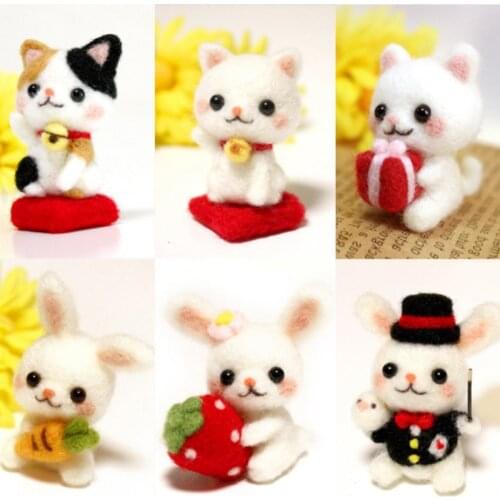 Funny handmade diy toys cartoon small animal strawberry rabbit lucky cat wool felt set plush toy craft toy gift for children