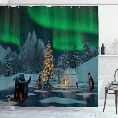 Northern Lights Shower Curtain Penguins on Frozen Lake with Christmas Tree Noel Arctic Circle Design Fabric Bathroom Decor Set