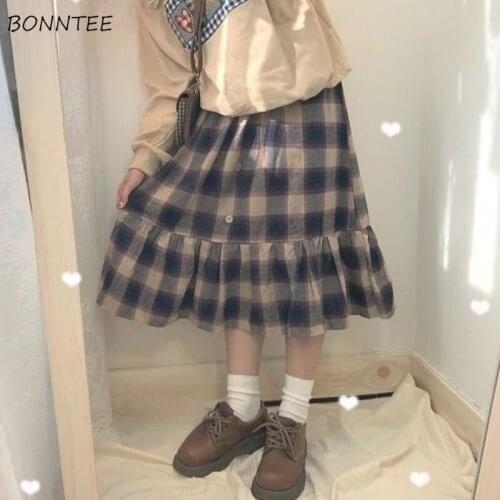Skirts Women Preppy Style Sweet Girls Autumn Vintage Plaid High Waist Baggy A-line All-match Simple Trendy Ruffles Falda Daily