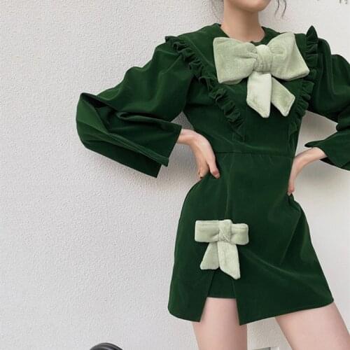 Vintage Christmas Style Plush Big Bow Green Princess Dress Autumn Women Ruffled Round Neck Long Sleeve Bag Hip Split Dress