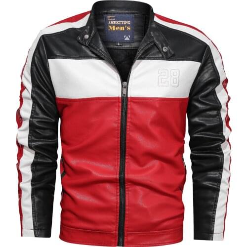 2020 Winter Mens Leather Jacket Motorcycly Bomber Stand Collar Coat Lining With Velvet Keep Warm contrast color Fake Pu Coat