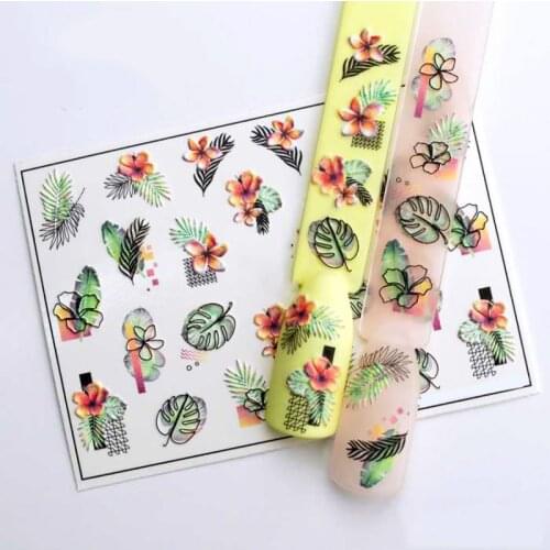 1pc 3D Acrylic Engraved Nail Sticker Embossed Pink Flower Green leaf Water Decals Empaistic Nail Water Slide Decals Z0373
